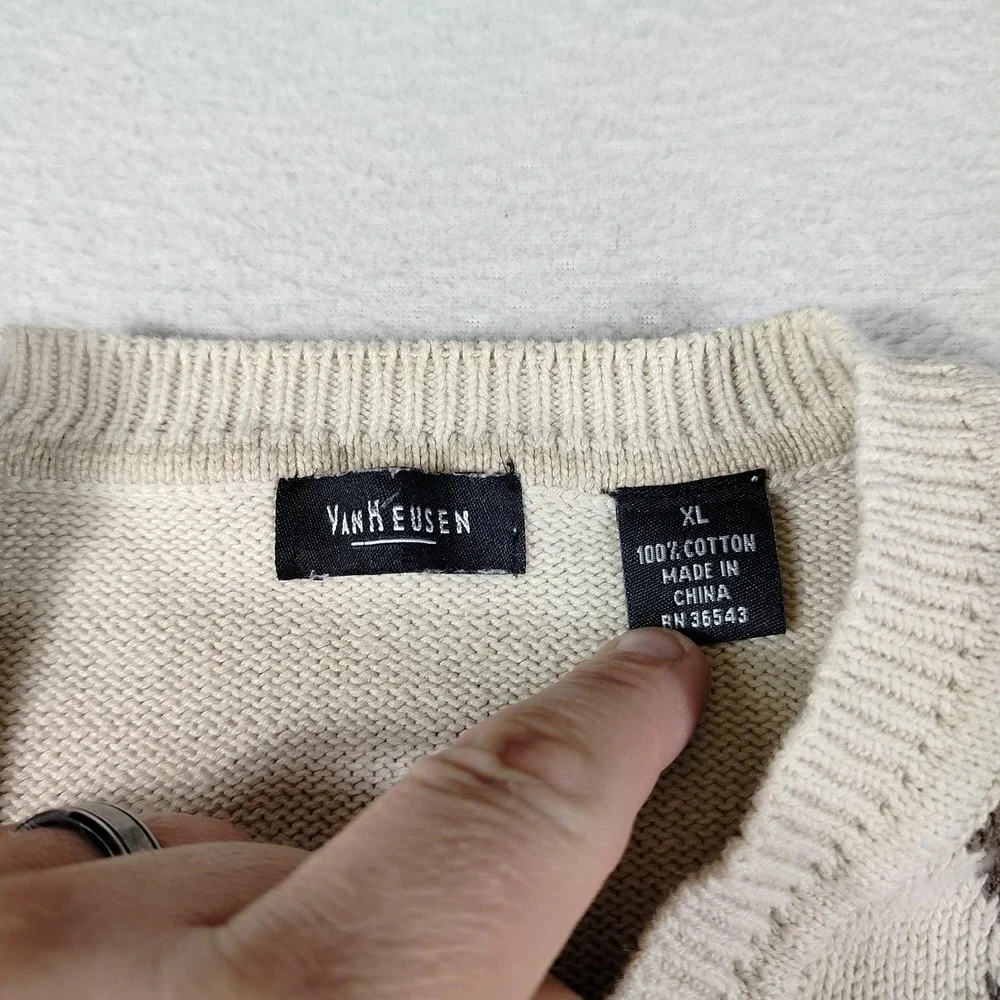 Van Heusen Sweater Mens XL Beige Argyle Cotton Grandpacore Eclectic Grandpa